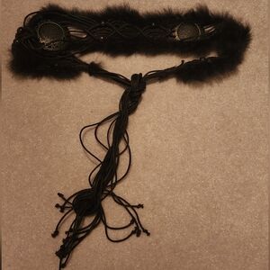 Faux Mink Fur Leather Cord Waist Belt Brown